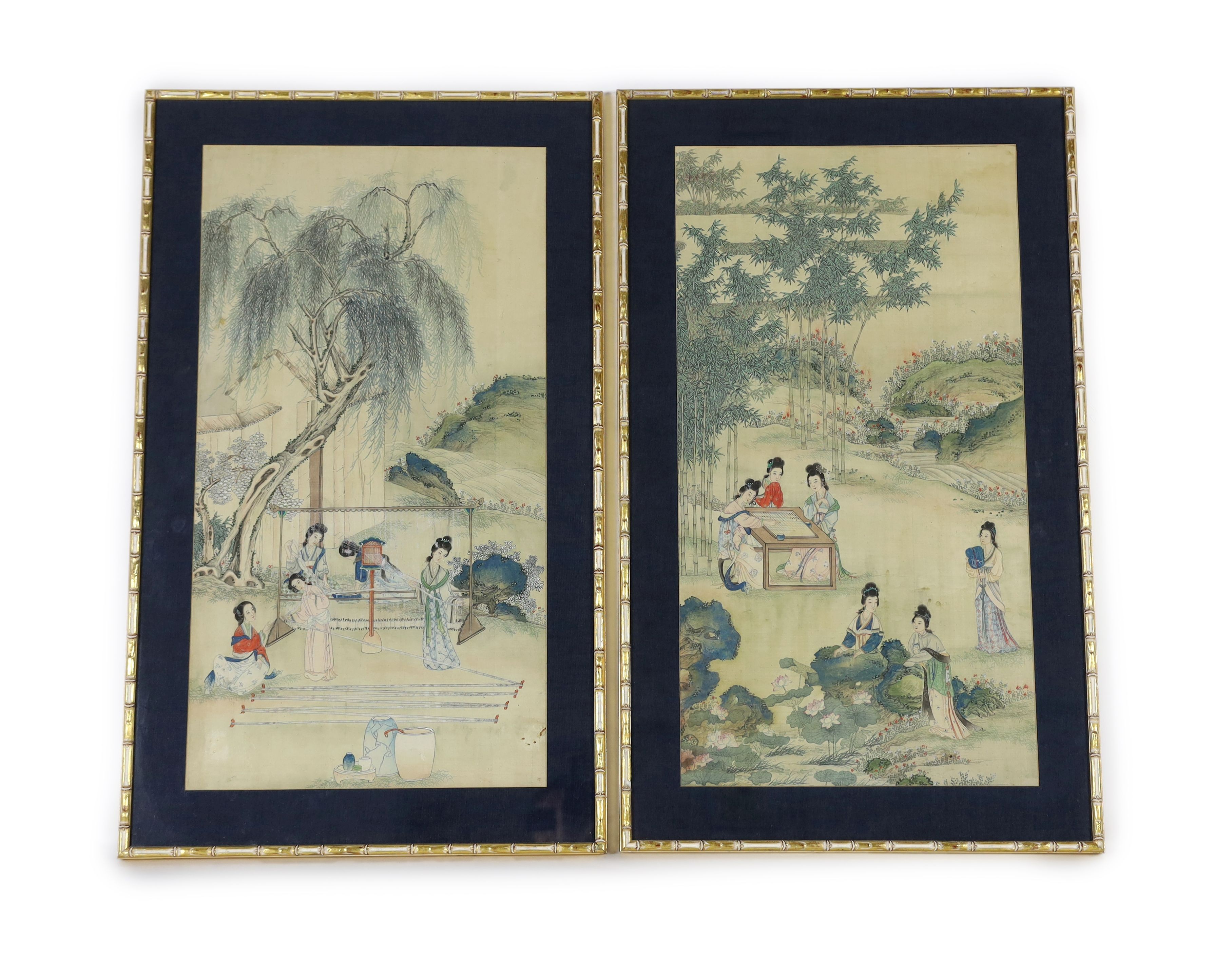 A pair of Chinese silk paintings of ladies in gardens, 19th century, Image 77cm x 41.5cm